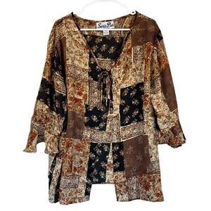 Fairy Grunge Patchwork Top 2X‎ Tie Front Boho Whimsigoth Floral Earthy Granola